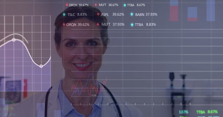 Poster - Image of data processing over happy caucasian female doctor