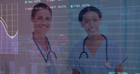 Poster - Image of data processing over diverse female doctors talking