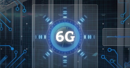 Poster - Image of 6g text banner and microprocessor connections against computer server room