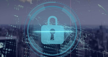 Poster - Image of security padlock icon and interface with data processing against cityscape