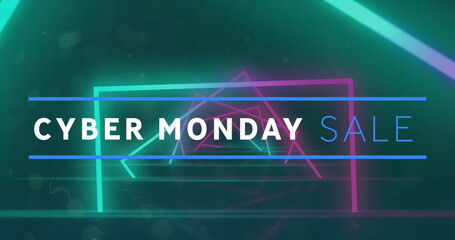 Sticker - Image of cyber monday sale text over neon lines background