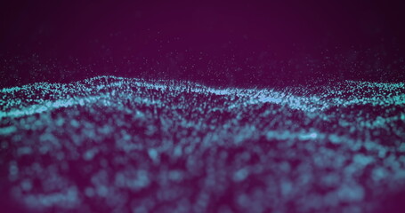 Poster - Image of glowing blue undulating network of particles on black background