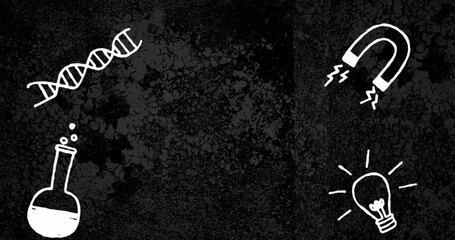 Poster - Image of science concept icons over changing grunge effect on black background with copy space