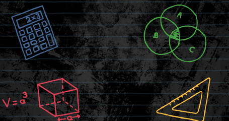 Poster - Image of math concept icons against changing grunge effect on black background with copy space
