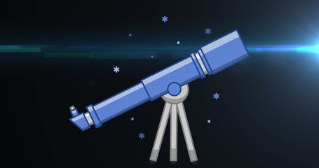 Wall Mural - Image of telescope and blue light trail against black background with copy space