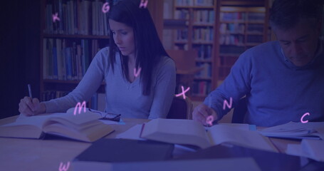 Poster - Image of multiple alphabets floating over diverse man and woman studying in library at college