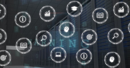 Poster - Image of multiple digital icons and cyber security data processing against computer server room