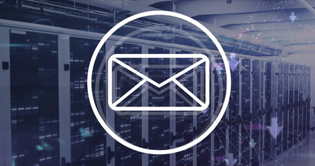 Poster - Image of message icon and mosaic squares against computer server room