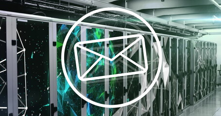 Poster - Image of message icon and plexus networks against computer server room