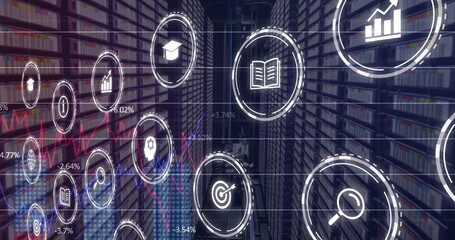 Poster - Image of multiple digital icons and statistical data processing against computer server room