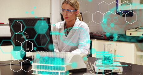 Poster - Image of codes, brain, molecule structure over caucasian female scientist using computer