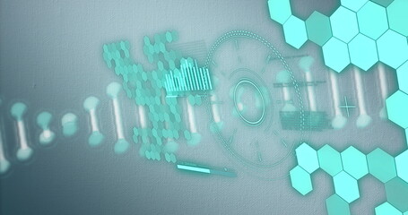 Poster - Image of dna helix, loading circles, bar, graph and hexagon pattern over abstract background