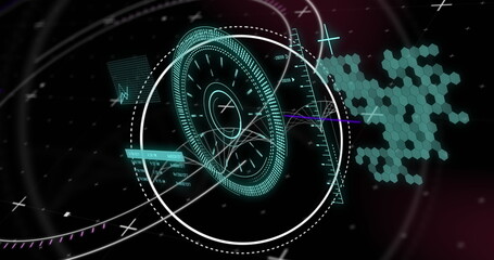 Poster - Image of lines, graphs and loading circles over hexagon pattern against black background