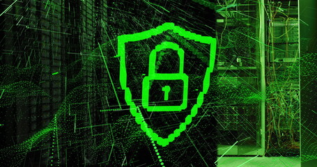 Sticker - Image of padlock in shield, lines and dynamic waves over illuminated data server systems