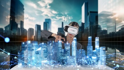 Sticker - Civil engineer analyzing with rotating tower skyscraper hologram virtual graphic via VR future global innovation network technology community intelligent cityscape urban planning center. Contraption.