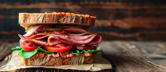 Sticker - A delicious sandwich featuring ham and vegetables, showcased on paper and set against a wooden backdrop, with ample copy space image.