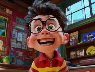 Poster - Happy Kid Wearing Glasses in Colorful Room - Animated Illustration