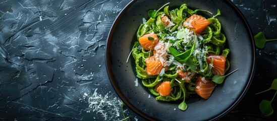 Wall Mural - A plate of green pasta featuring salmon and cheese, set against a dark backdrop with copy space image.