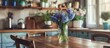 © StockKing - A floral arrangement featuring hyacinth flowers in a vase as a centerpiece on a dining table in a cozy kitchen setting with a blank space for adding text or graphics in the image