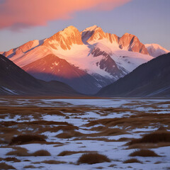 Capture of the beautiful transition from sunrise to sunset over majestic mountain peaks, showcasing the serene natural landscape with snow-covered peaks and vibrant skies