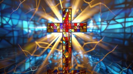 A stained glass cross with light shining through