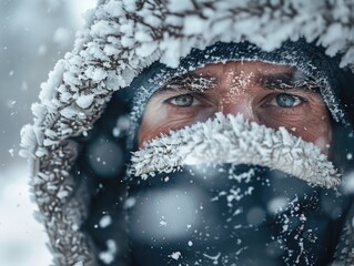 Poster - A man with a scarf wrapped around his face and a hood pulled over his head. The man's face is visible, and he has blue eyes. Concept of cold and discomfort