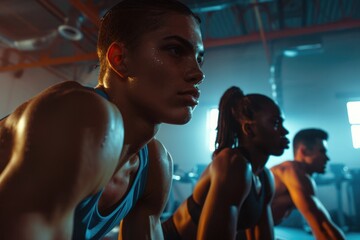 Wall Mural - Three women are in a gym, one of them is wearing a blue tank top. They are all looking at the camera