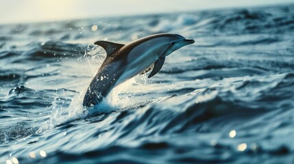 Poster - A playful dolphin leaps from the ocean's surface, its sleek body arcing gracefully through the air before splashing back into the sea.