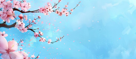 Poster - A spring banner featuring cherry blossoms against a blue backdrop with room for text or images. image with copy space