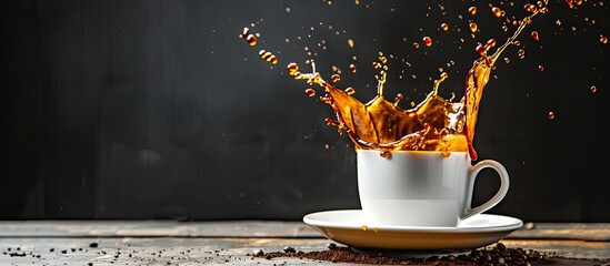 Poster - Black coffee splashed in a white ceramic cup with copy space image.