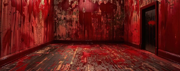 Wall Mural - Eerie dark room with red paint dripping from walls, unsettling atmosphere. Free copy space for text.