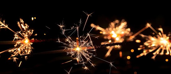 Poster - A group of festive sparklers in a close-up low-angle side view over a black background with selective focus, ideal for a copy space image.