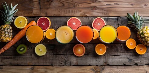 Wall Mural - Fresh Juice Paradise: Explore a lineup of juice glasses on a rustic wooden table