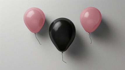 three balloons, one black and two pink, are hanging from a wall. the black balloon is in the middle,