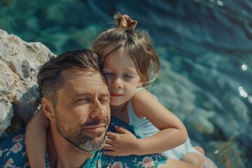 Wall Mural - A man and a little girl are hugging in the water. The man is smiling and the girl is looking up at him. Scene is happy and loving