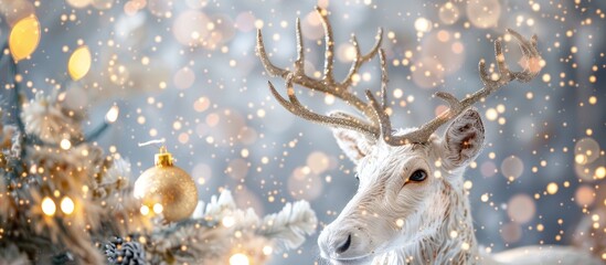 Poster - A festive postcard featuring a white reindeer, Christmas decorations, and sparkly lights on a background with festive copy space image.