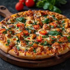 Wall Mural - a pizza with tomatoes, cheese, and basil on a wooden board