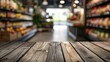 © ANEK - wooden counter product display with blurred perspective background of shelf grocery store at super market.