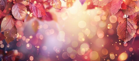 Aufkleber - Colorful autumn leaves with bokeh lights surrounding a copy space image on a gradient backdrop.