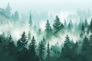 Sticker - illustration of forest landscape with fog, white background