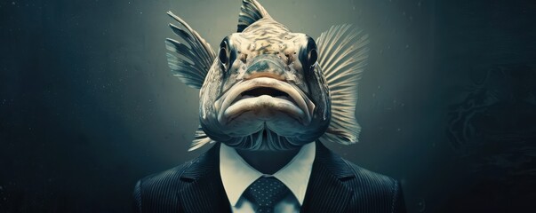 Formal fish portrait in a business suit, surreal and whimsical. Free copy space for text.