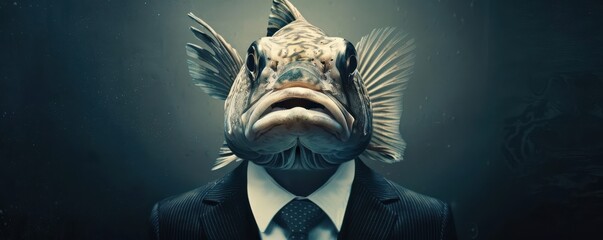 Wall Mural - Formal fish portrait in a business suit, surreal and whimsical. Free copy space for text.