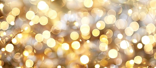 Poster - Blurred abstract lights in white, yellow, and gold create a festive bokeh background perfect for your Christmas and New Year's design with space for text or images. image with copy space