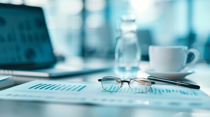 Poster - editorial photo of a financial advisor's workspace with financial reports, editorial photography sty