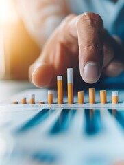 Poster - Close-up of a financial planner's hand pointing at investment graphs, documentary photography style