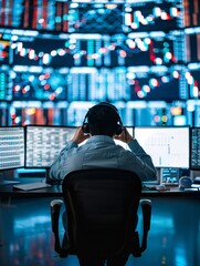 Poster - editorial image of a financial advisor analyzing market data on multiple screens, editorial photogra