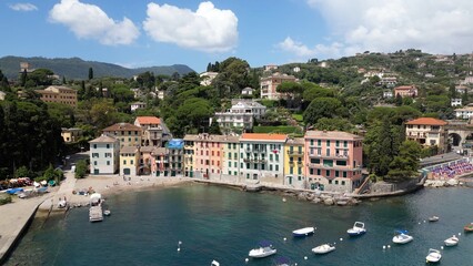 Italy , Liguria , Rapallo , drone aerial view of San Michele di Pagana Beach close to Santa Margherita and Portofino near Genoa . The amazing mediterranean costline in Tigullio gulf natural park    