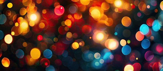 Poster - Blurred colorful bokeh against black background, displaying multiple round lights, with room for text or elements in the image. image with copy space
