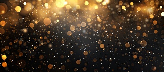 Wall Mural - Abstract blurred golden light banner with glitter spots on black backdrop, ideal for festive themes with copy space image.