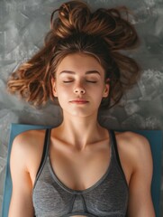 Canvas Print - A woman is laying on a mat with her head resting on her hand. She is wearing a grey tank top and she is in a relaxed state